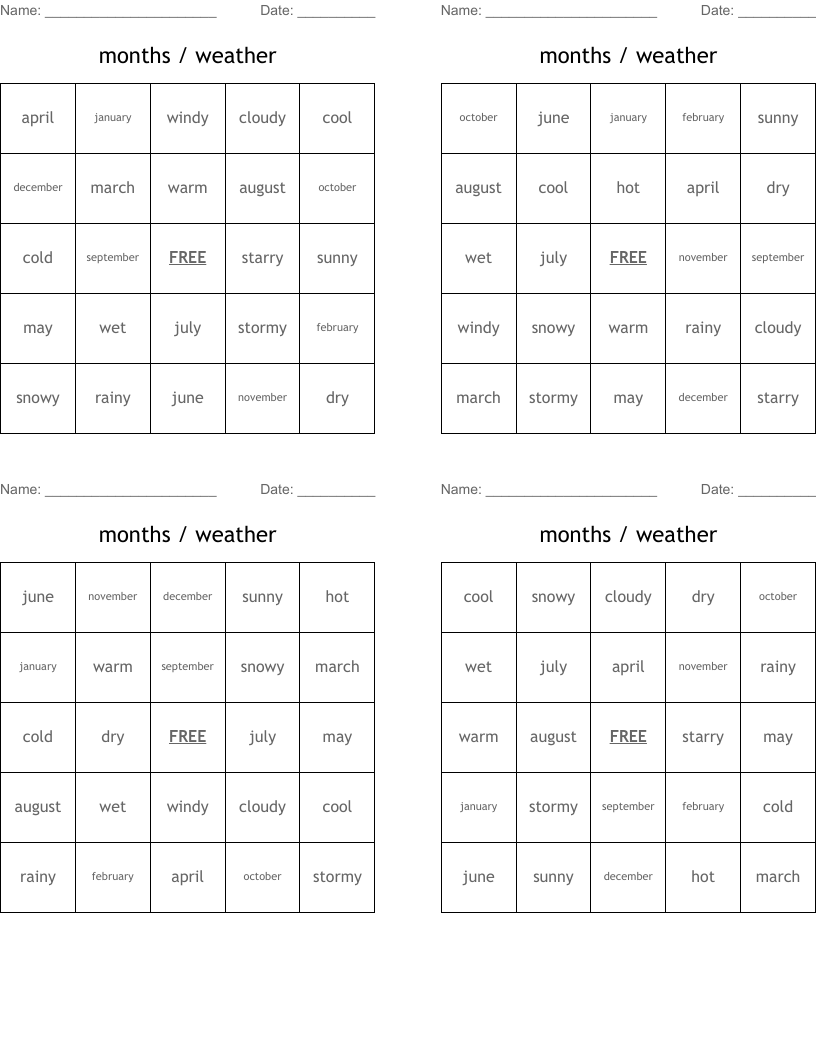 months / weather Bingo Cards