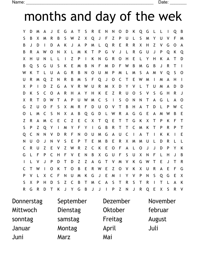 months and day of the wek Word Search