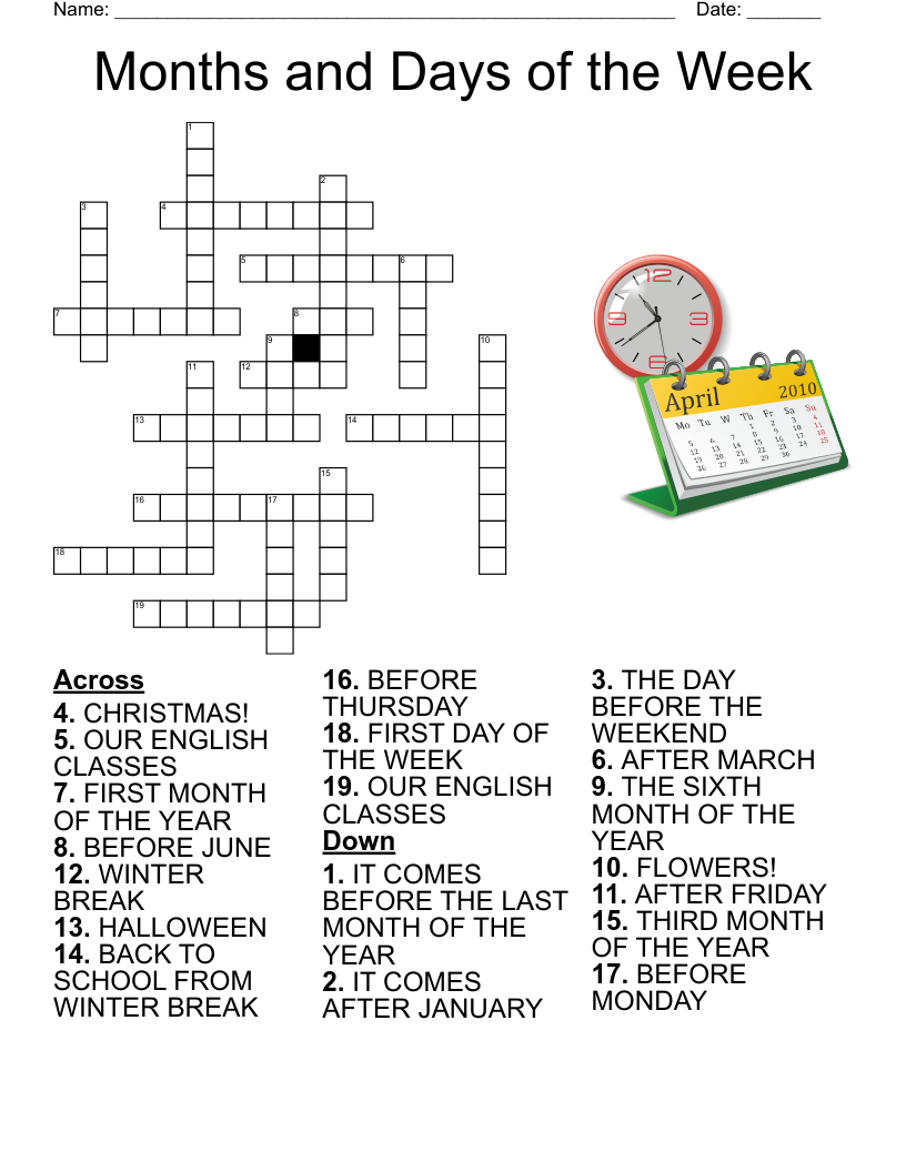 Months and Days of the Week Crossword