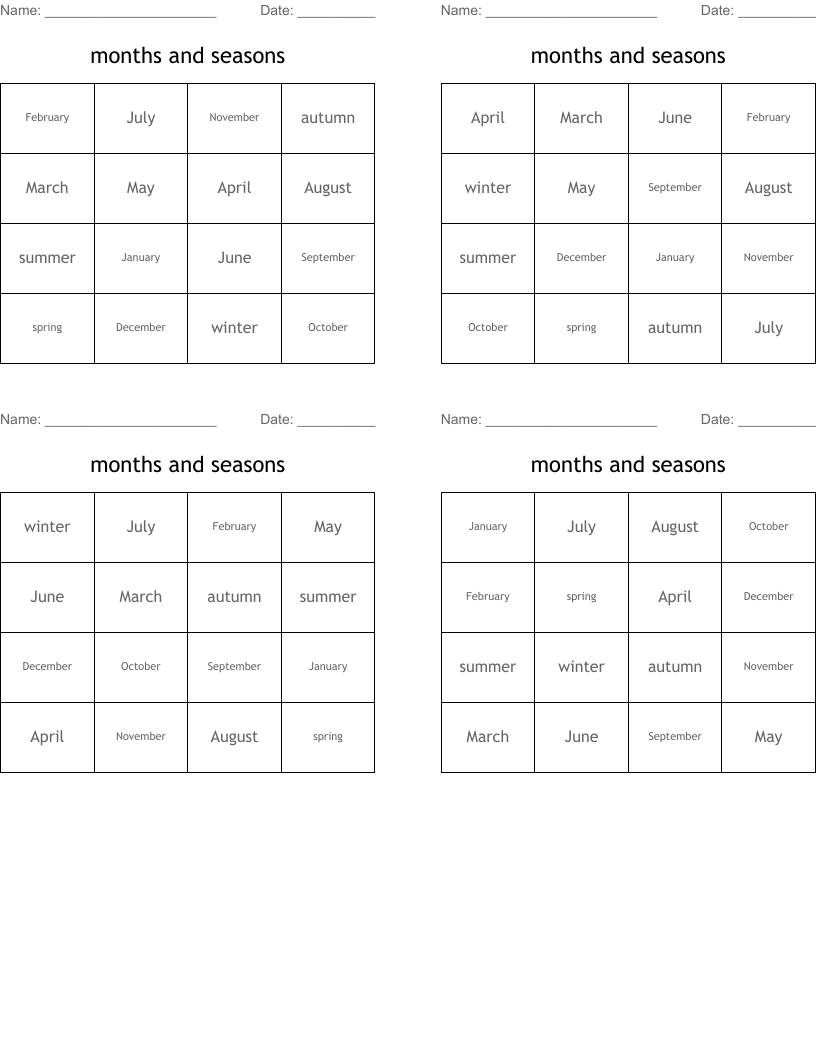 months and seasons  Bingo Cards