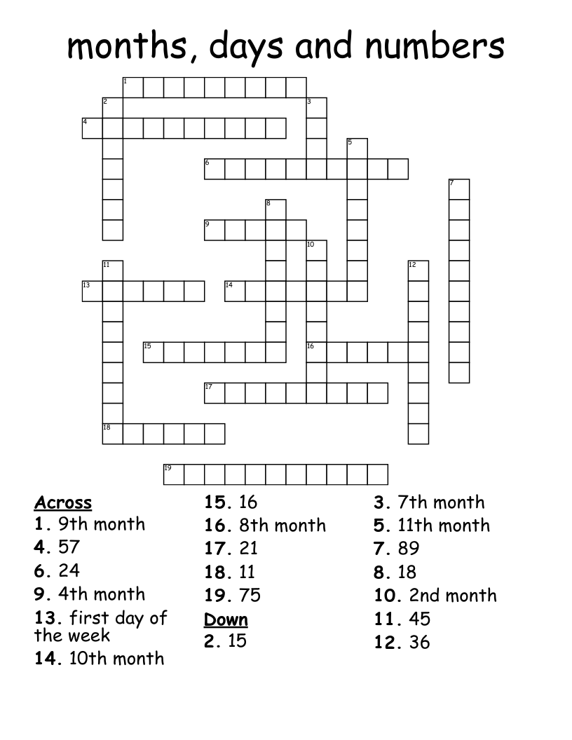 months, days and numbers Crossword
