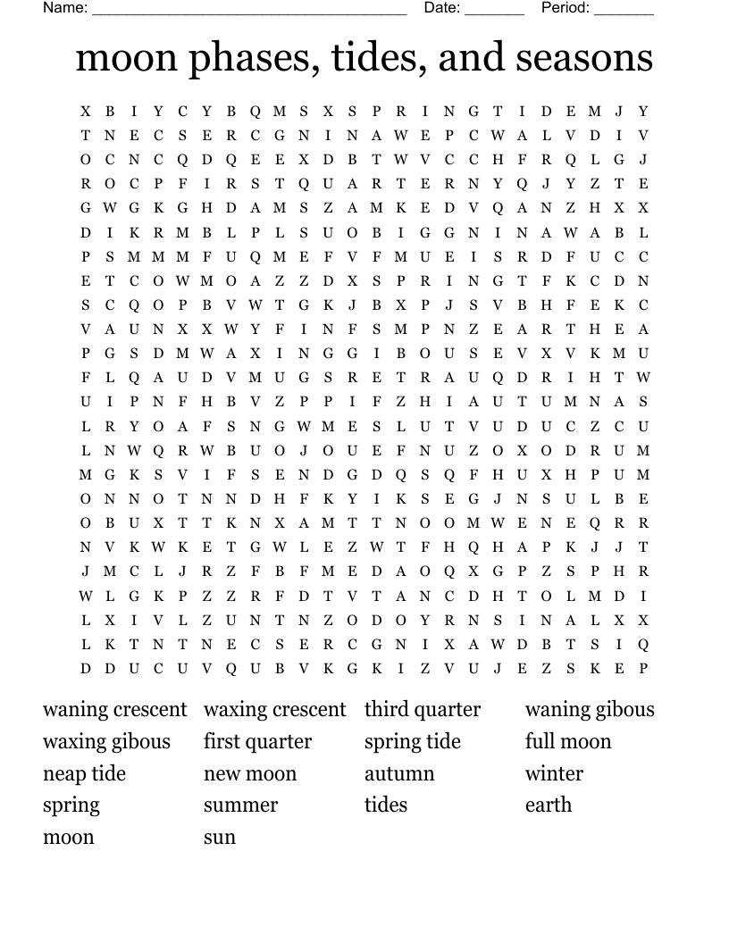 moon phases, tides, and seasons Word Search