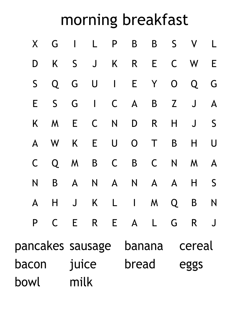 morning breakfast Word Search