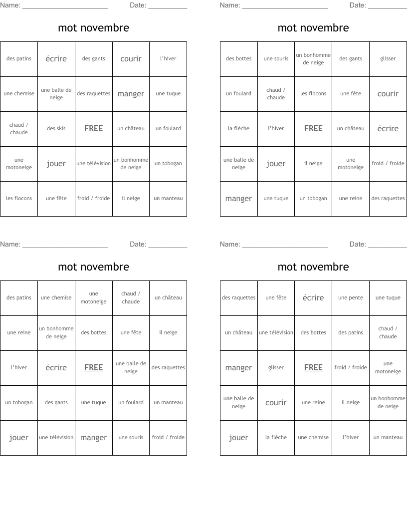 mot novembre Bingo Cards