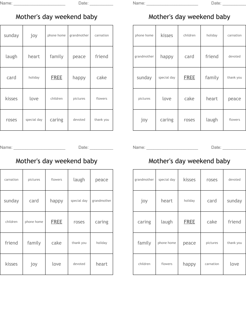 Mother's   day weekend baby Bingo Cards