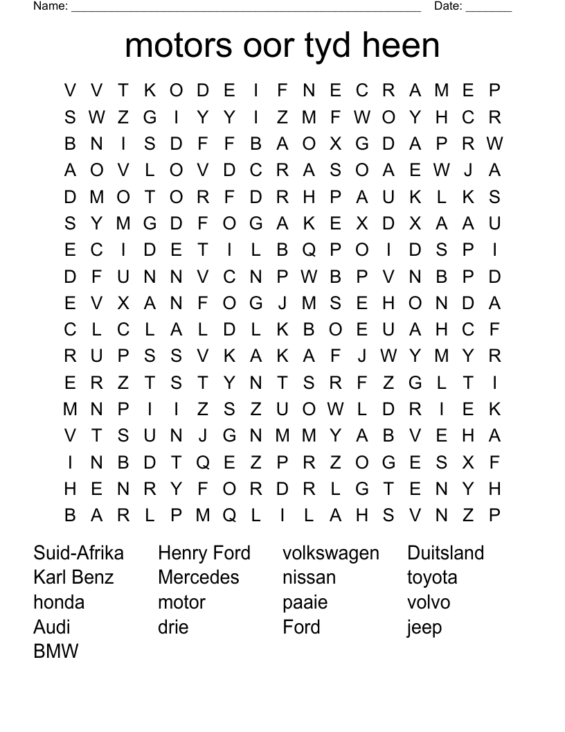 motors oor tyd heen Word Search