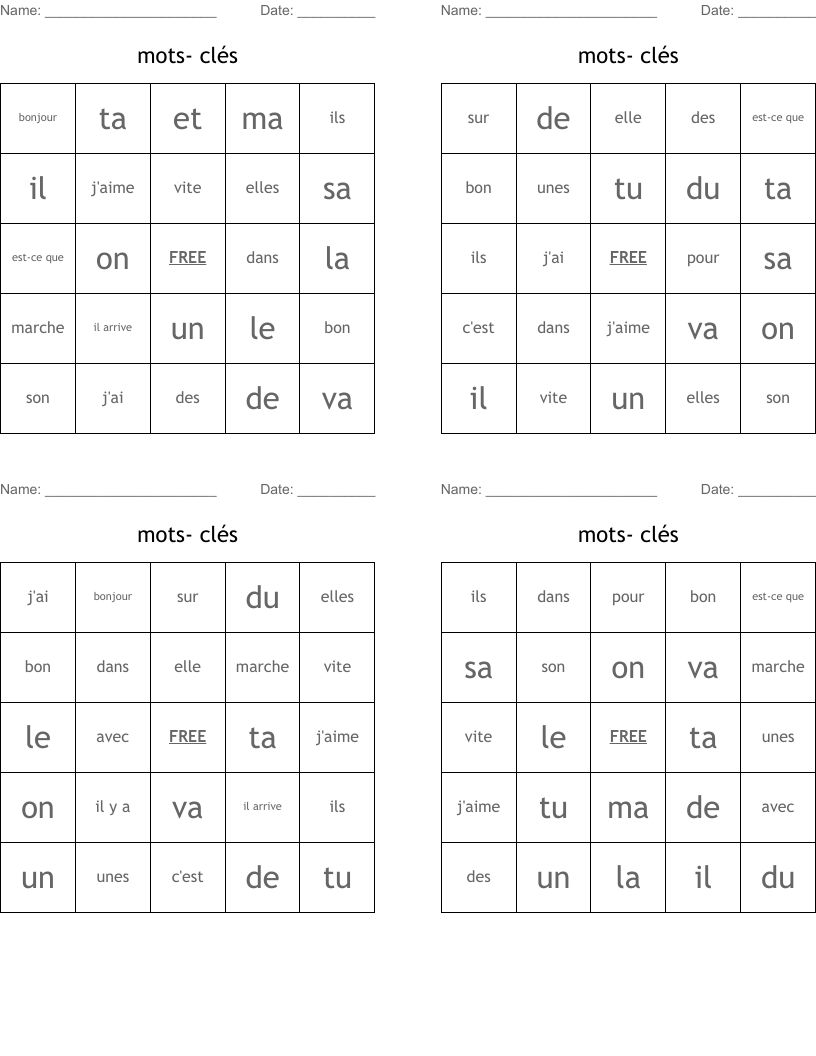 mots- clés Bingo Cards