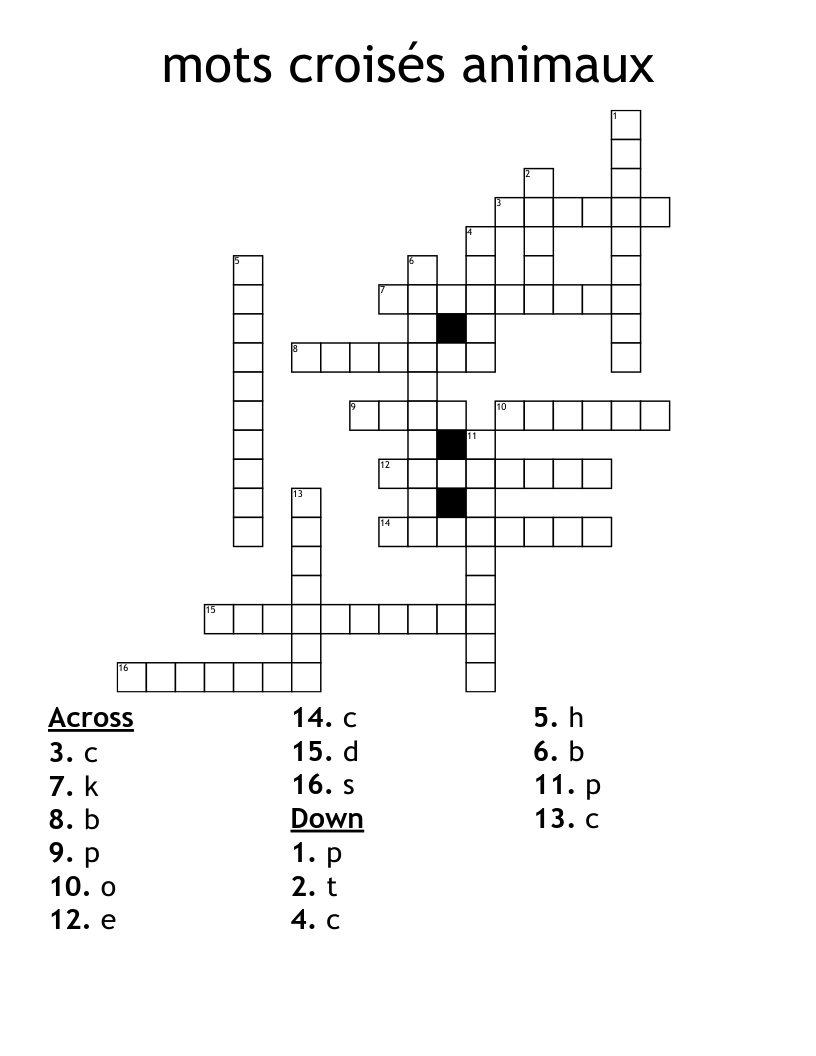 mots croisés animaux Crossword