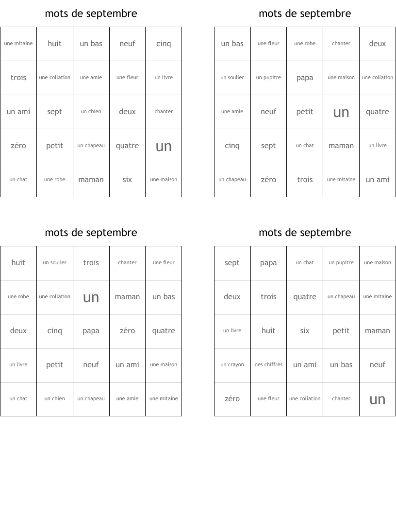mots de septembre Bingo Cards