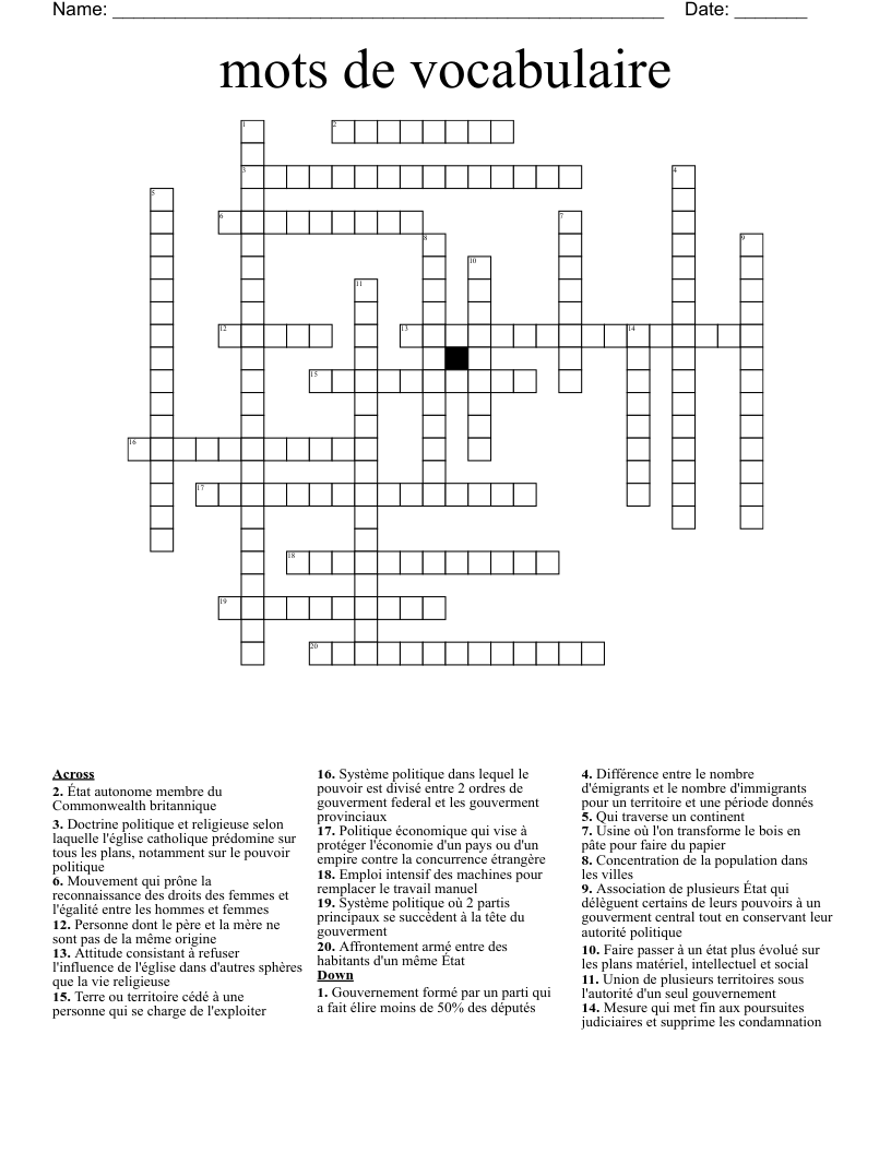 mots de vocabulaire Crossword