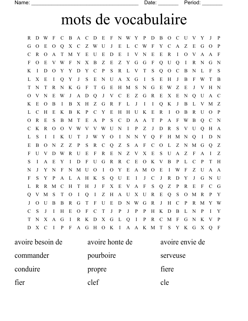 mots de vocabulaire Word Search