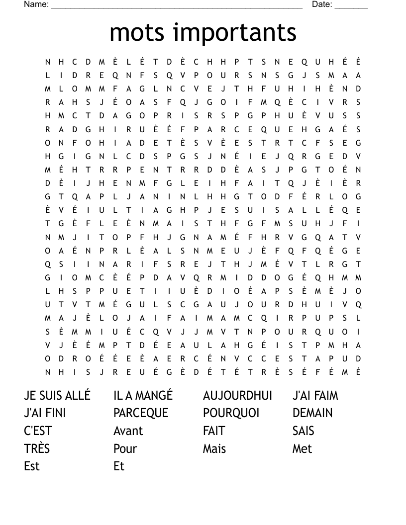 mots importants Word Search