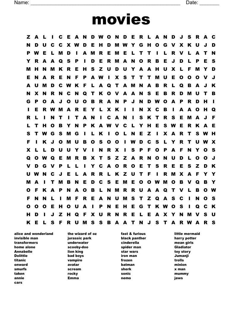 movies Word Search