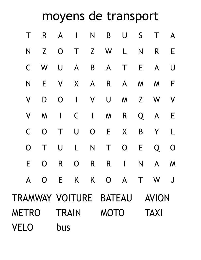 moyens de transport Word Search