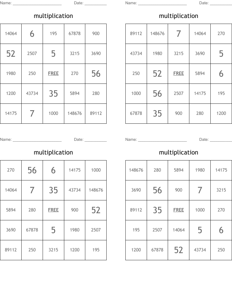 multiplication Bingo Cards