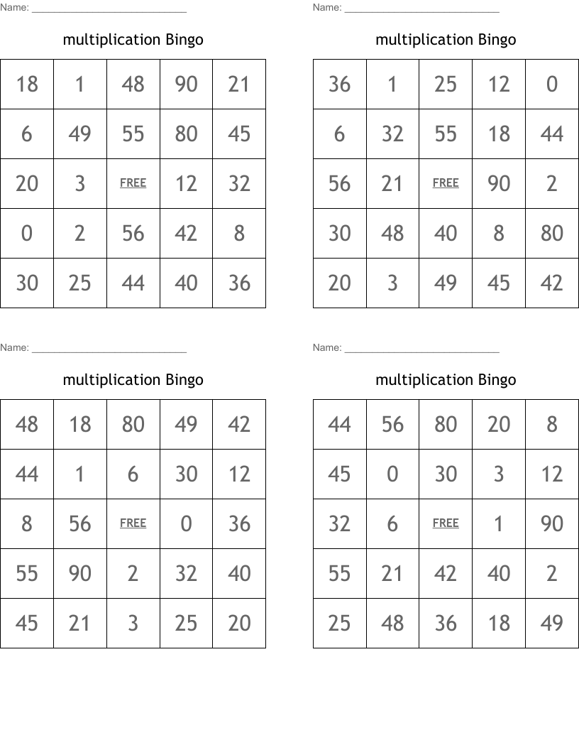 multiplication Bingo