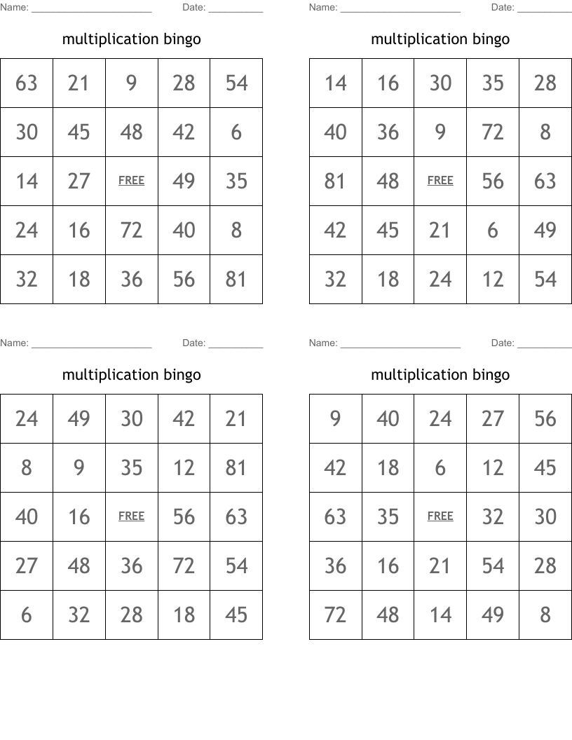 multiplication bingo