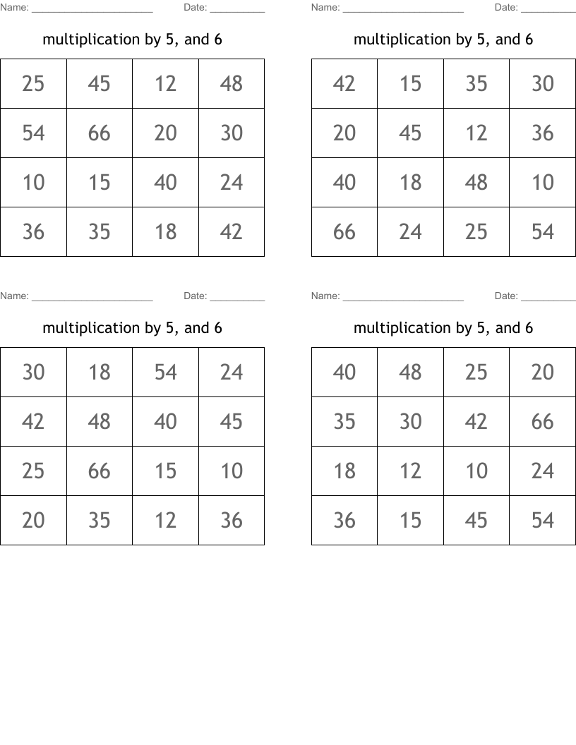 multiplication by 5, and 6 Bingo Cards