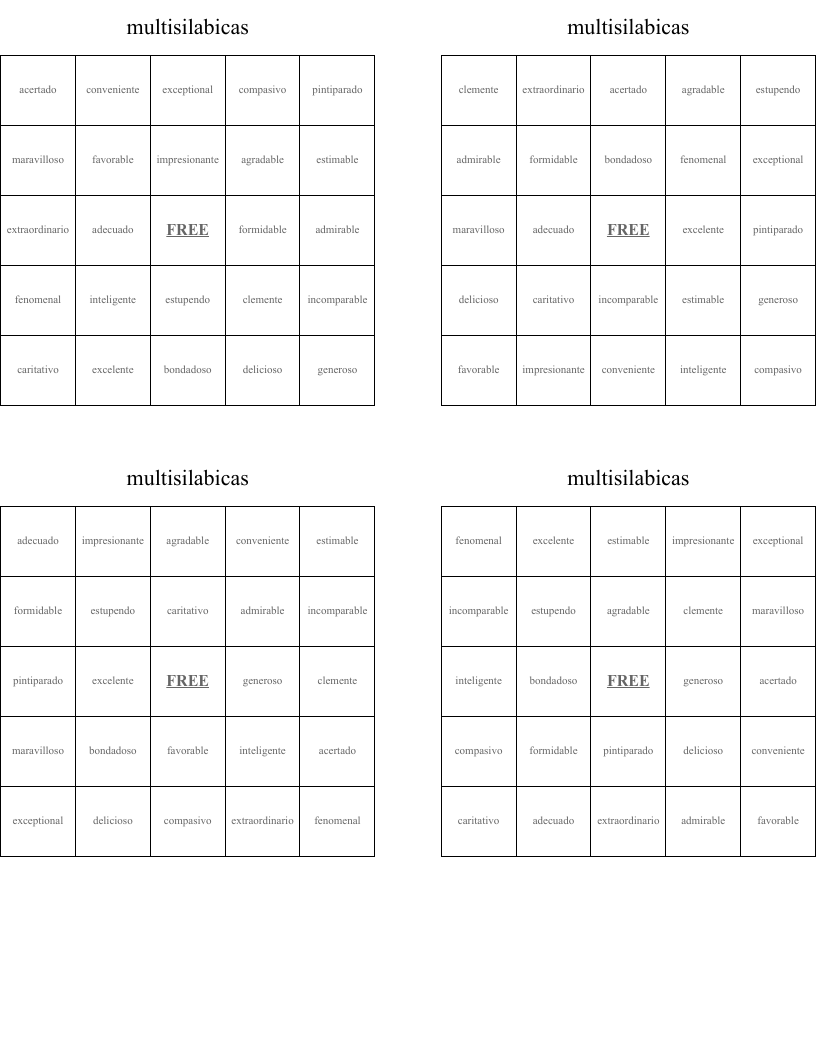 multisilabicas Bingo Cards