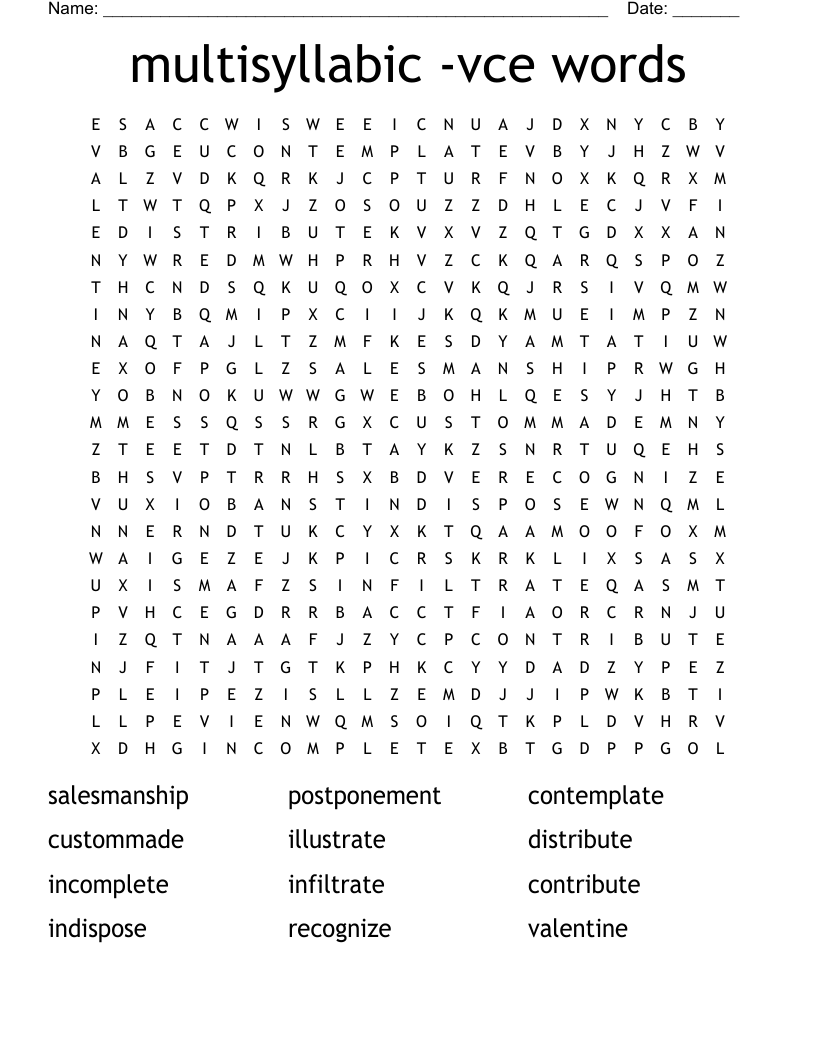 multisyllabic -vce words Word Search