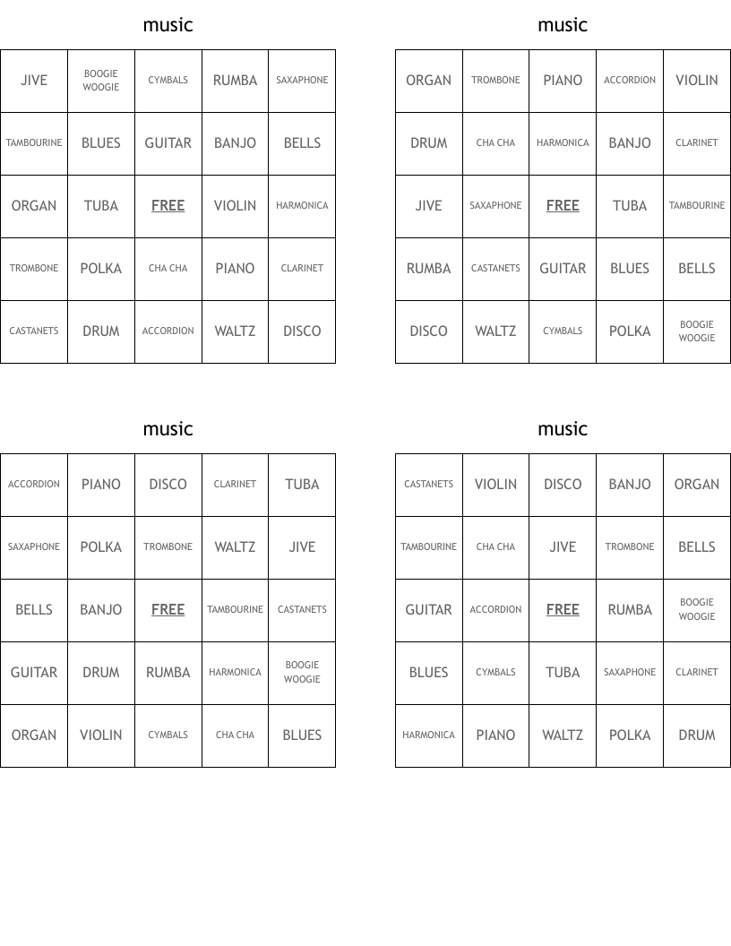 music Bingo Cards