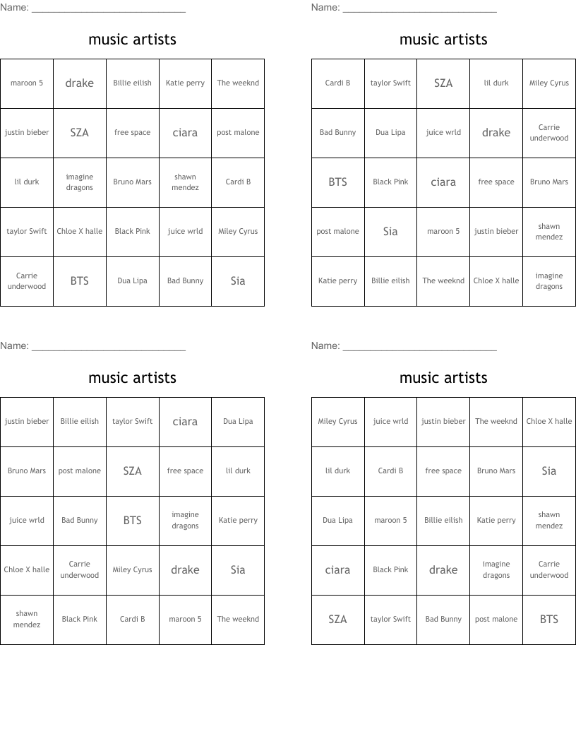 music artists Bingo Cards