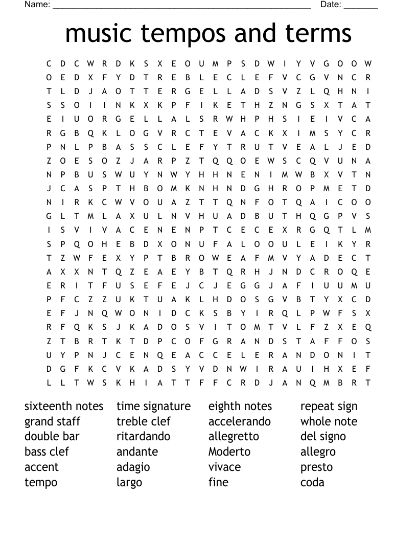 music tempos and terms Word Search