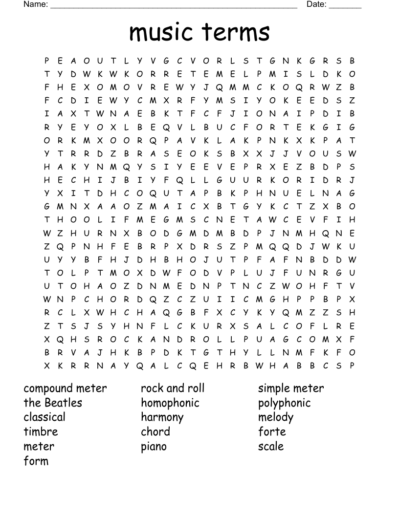 music terms  Word Search
