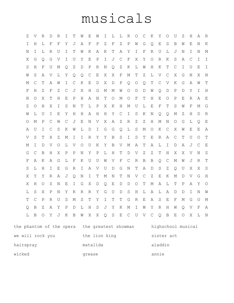 musicals Word Search