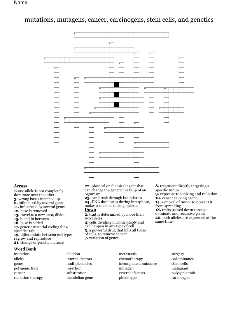 mutations, mutagens, cancer, carcinogens, stem cells, and genetics Crossword