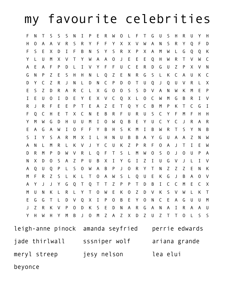 my favourite celebrities Word Search