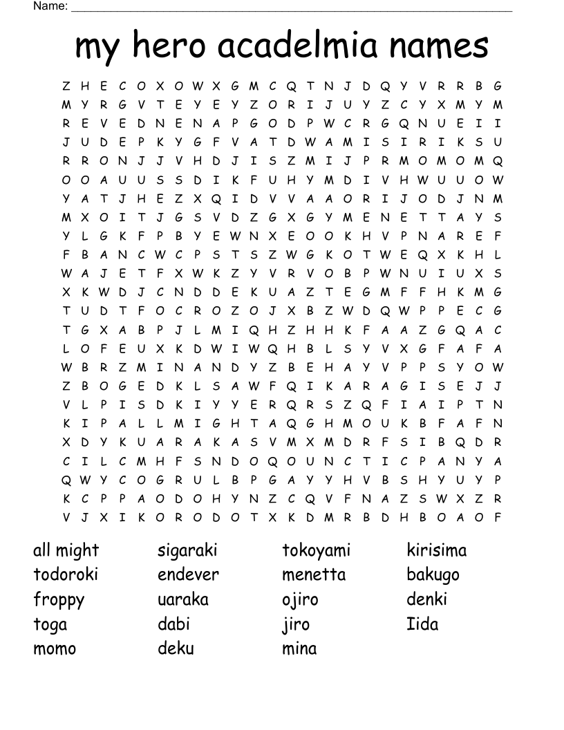 my hero acadelmia names Word Search