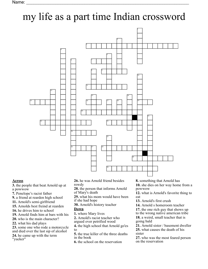 my life as a part time Indian crossword 