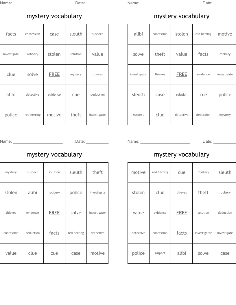 mystery vocabulary Bingo Cards