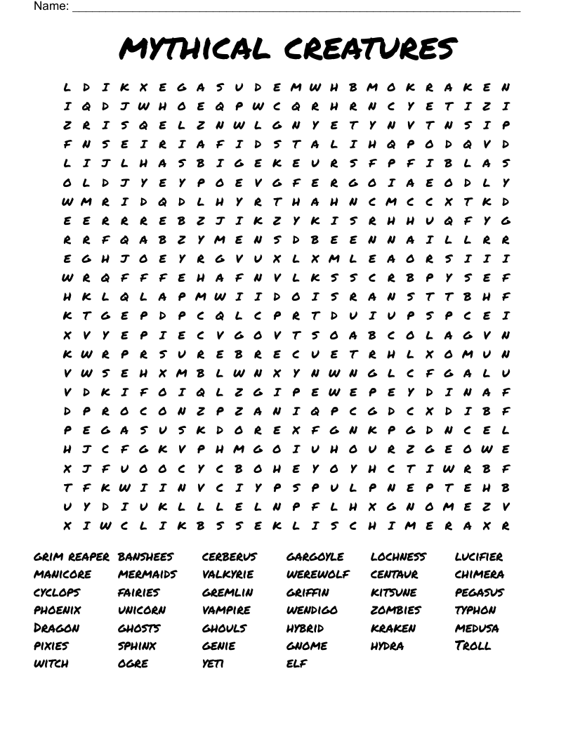 mythical creatures Word Search