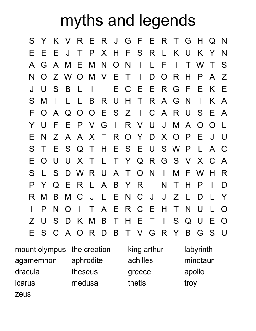 myths and legends Word Search