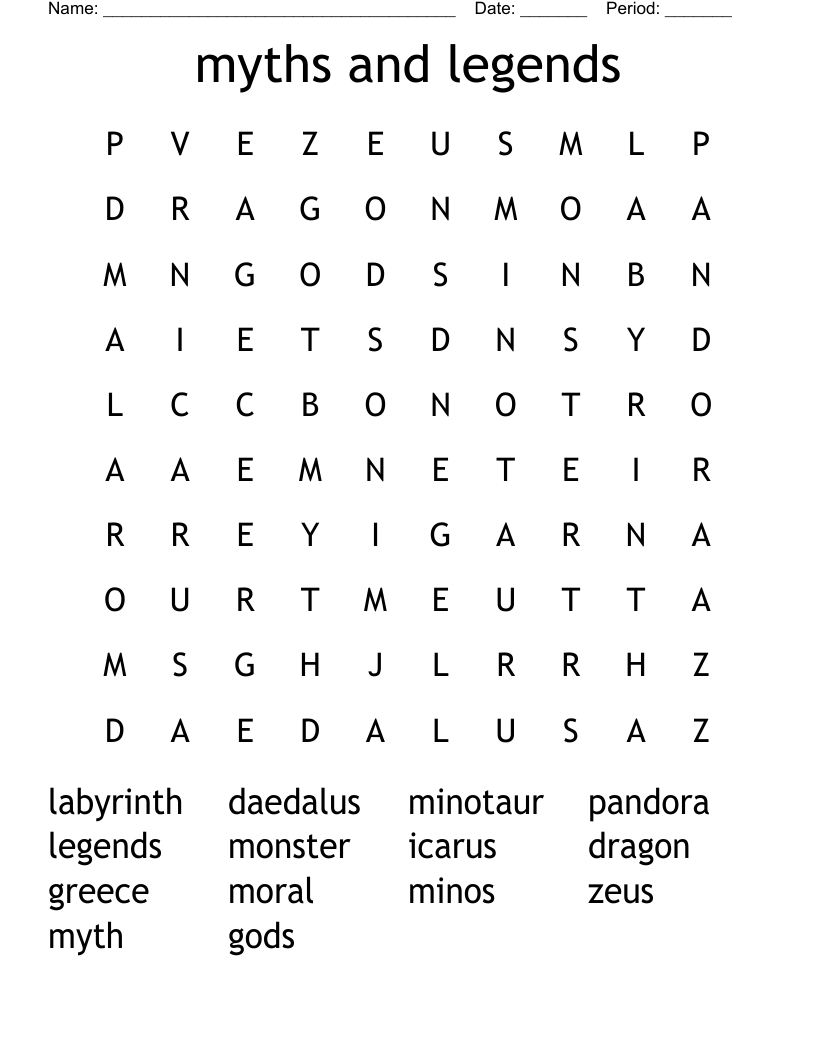 myths and legends Word Search