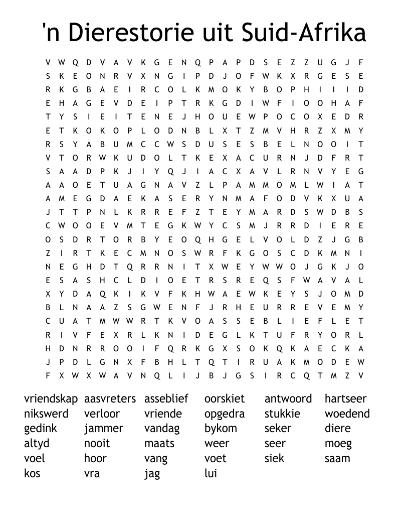 'n Dierestorie uit Suid-Afrika Word Search