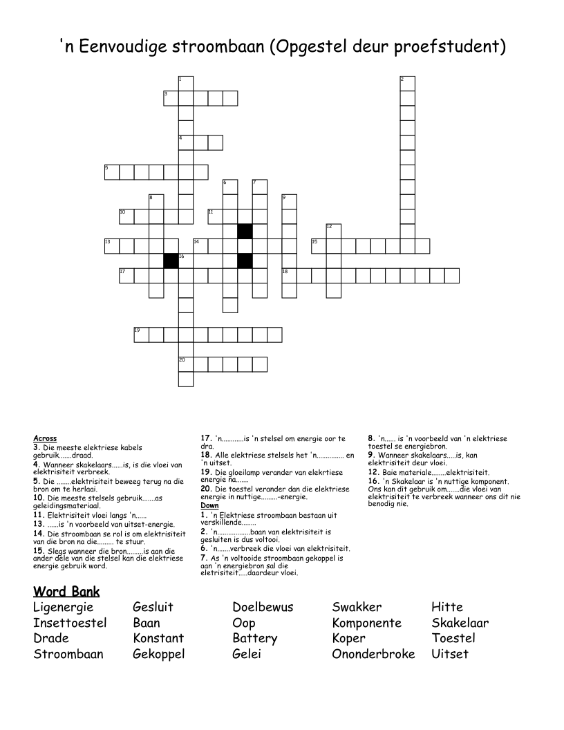 'n Eenvoudige stroombaan (Opgestel deur proefstudent) Crossword