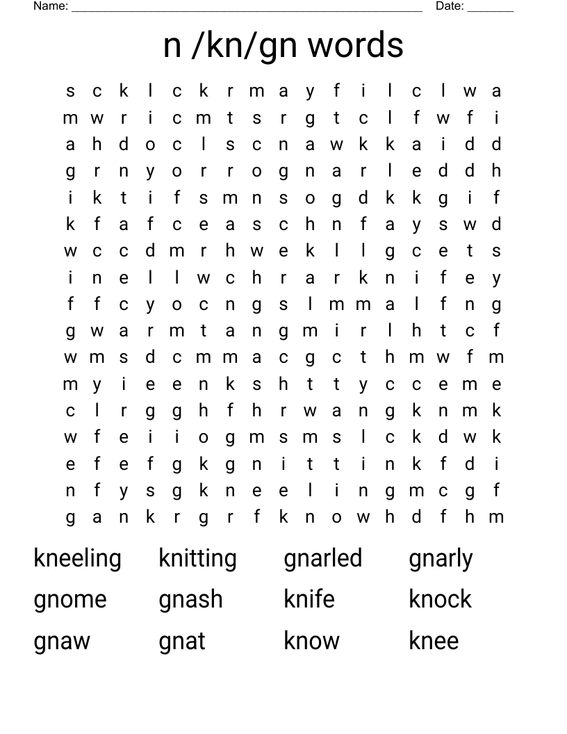 n /kn/gn words Word Search