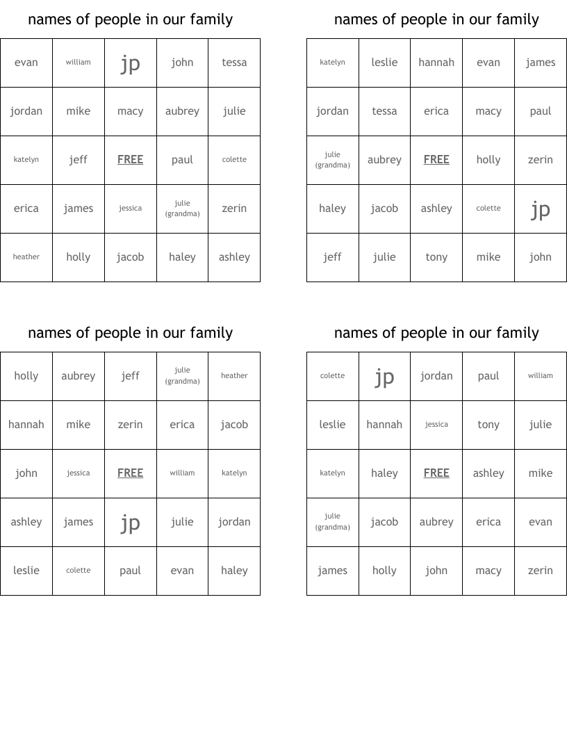 names of people in our family Bingo Cards