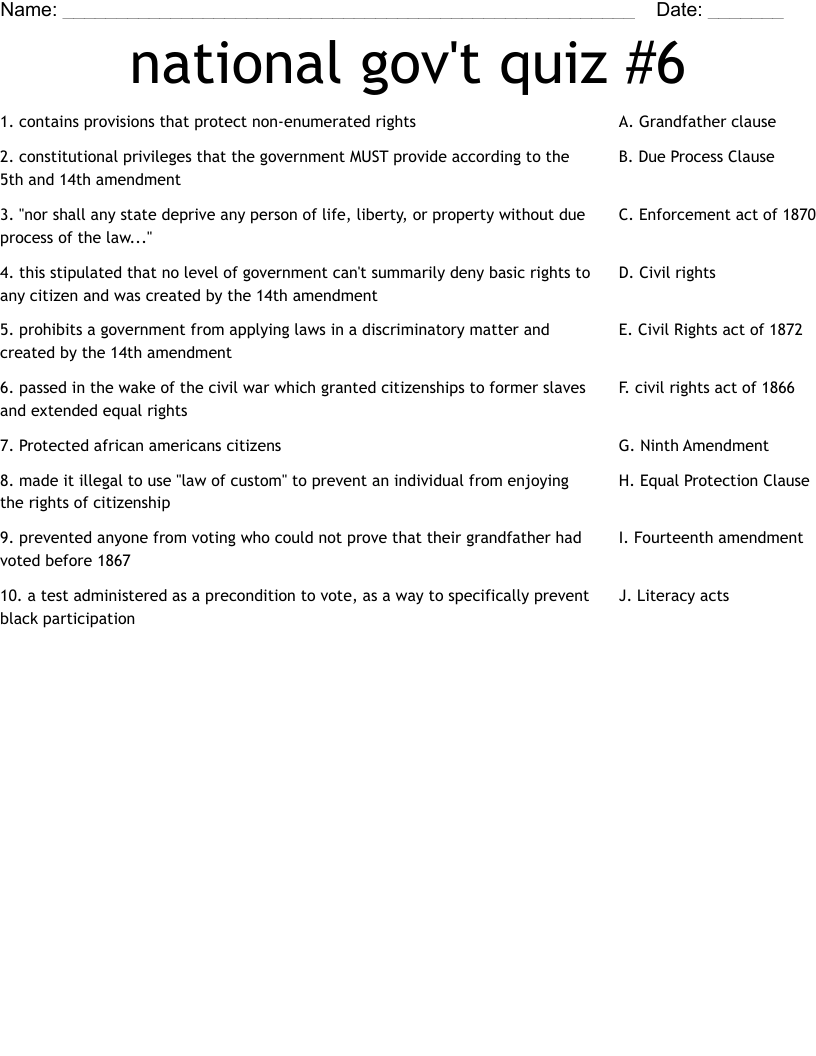national gov't quiz #6 Worksheet