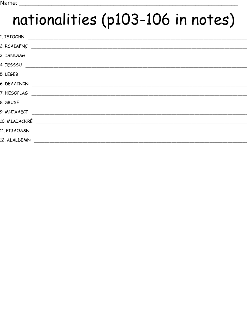 nationalities (p103-106 in notes) Word Scramble
