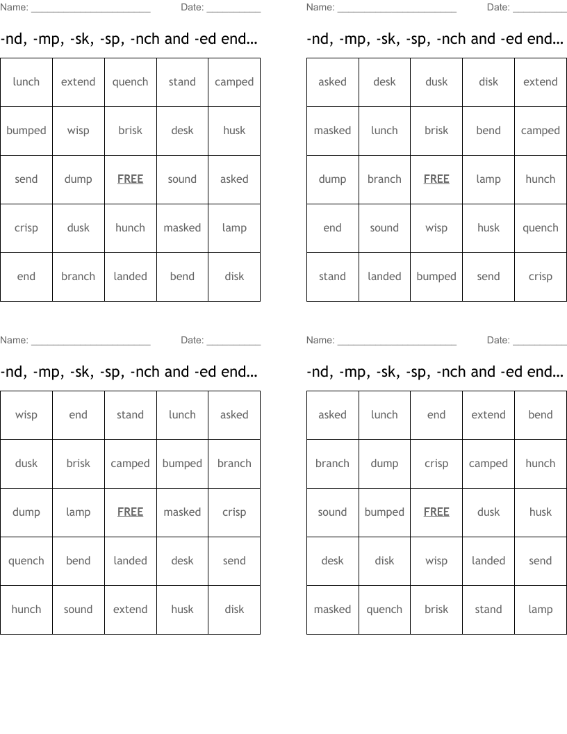 -nd, -mp, -sk, -sp, -nch and -ed endings Bingo Cards