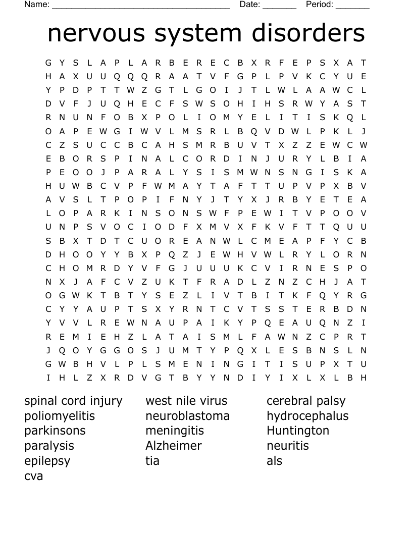 nervous system disorders  Word Search