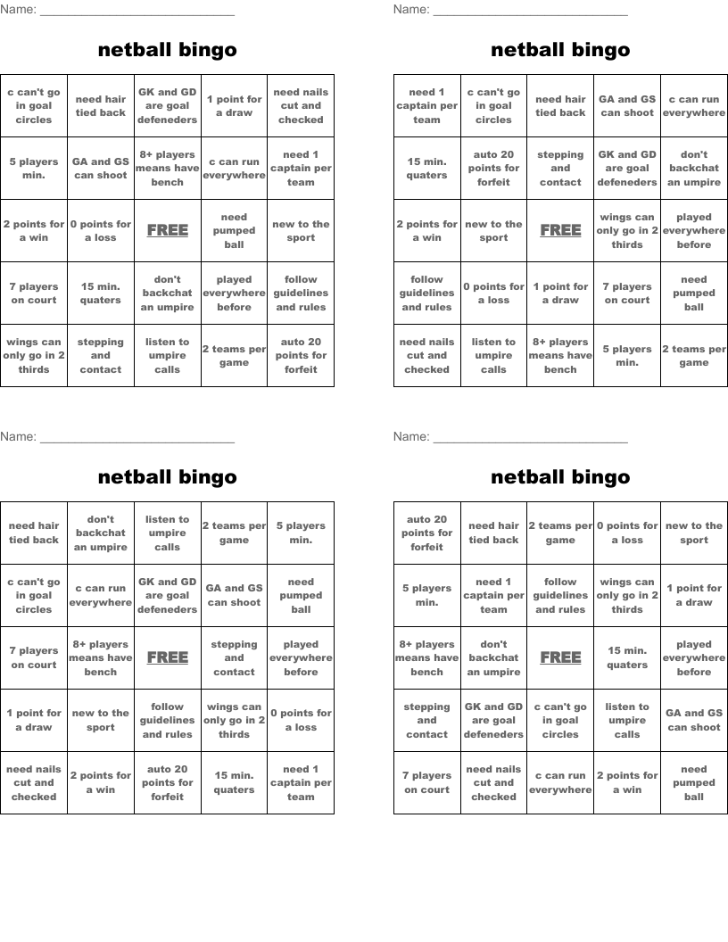 netball bingo 