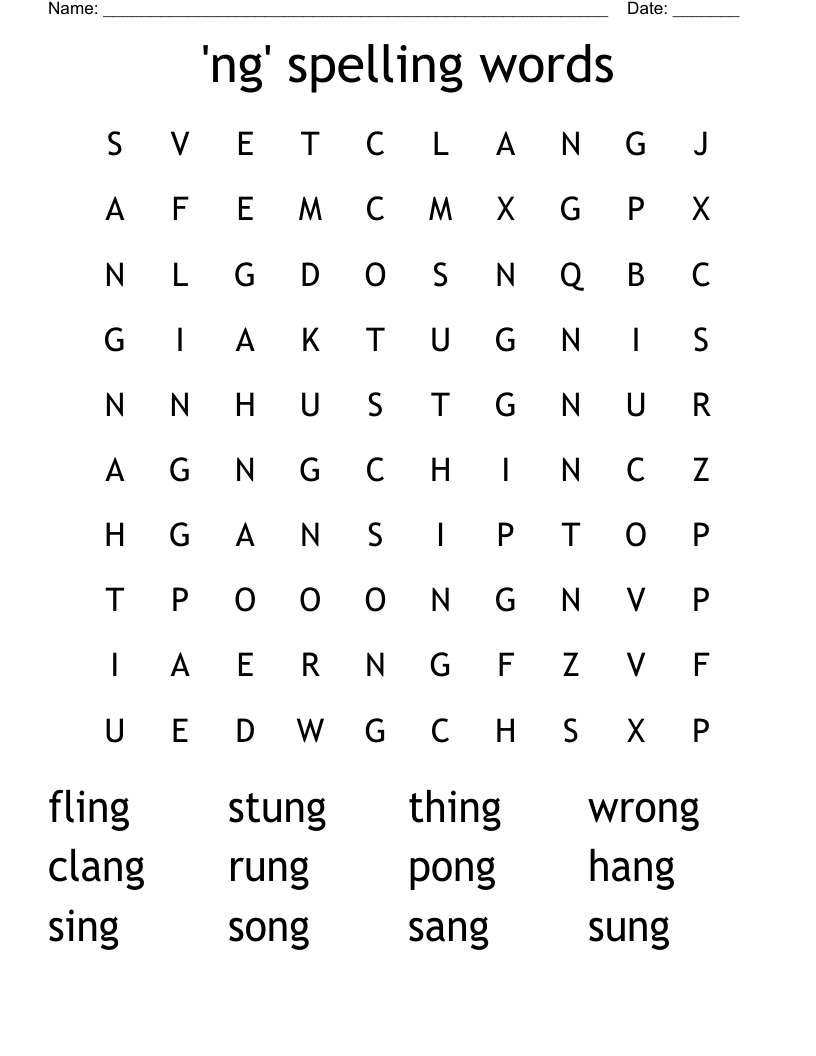 'ng' spelling words Word Search