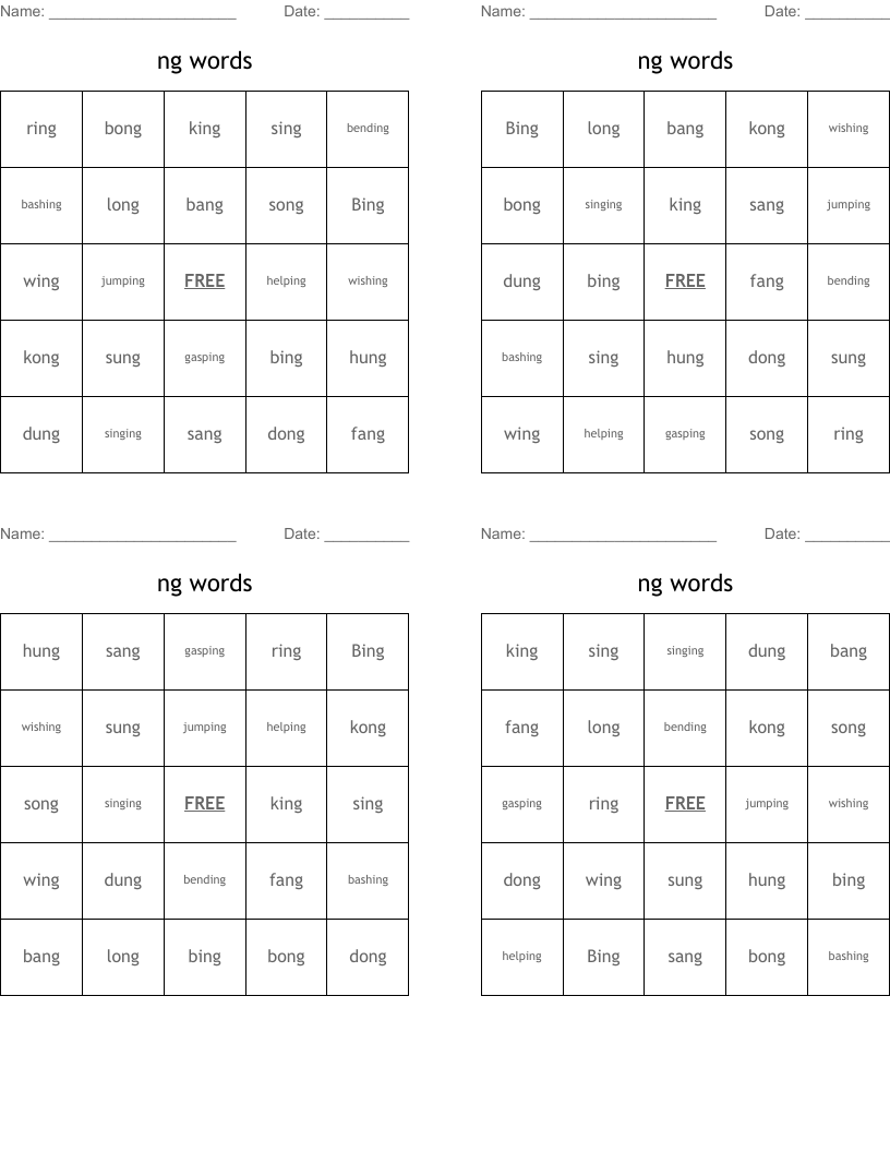 ng words Bingo Cards