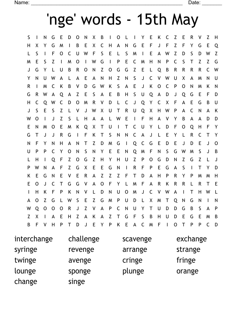 'nge' words - 15th May Word Search