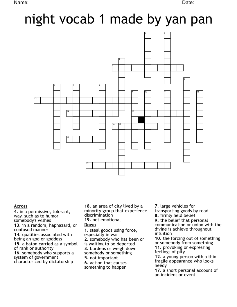 night vocab 1 made by yan pan Crossword